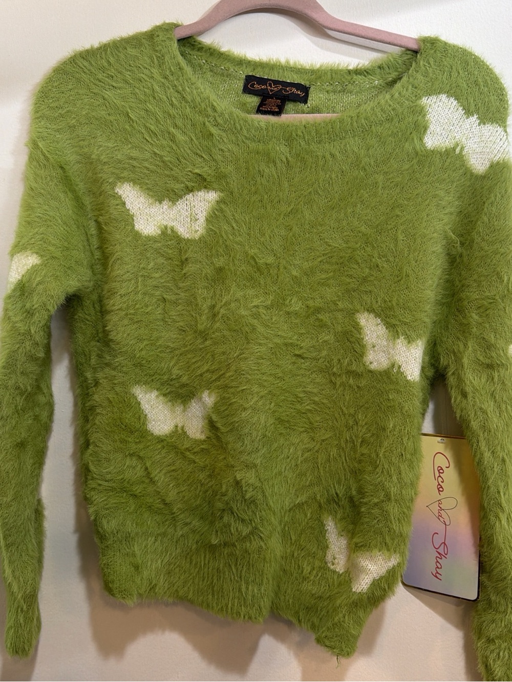 Green Fuzzy Butterfly Sweater